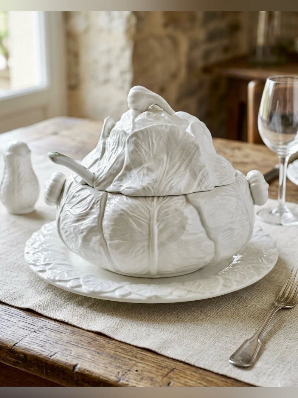 Vtg Whittier Pottery Large White Cabbage Soup Tureen Set 4pc